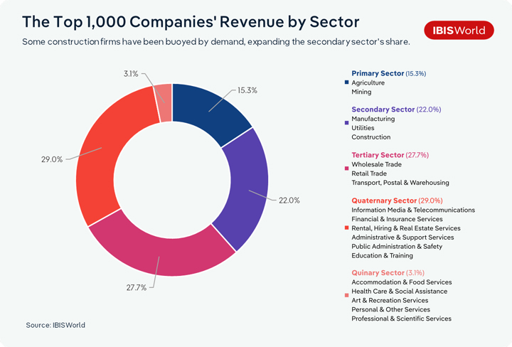 Donut chart titled 'The Top 1,000 Companies' Revenue by Sector' showing the quaternary sector (Financial and Insurance Services, Information Media and Telecommunications, and related industries) as the largest share at 29%, followed by the tertiary sector at 27.7%, secondary sector at 22%, primary sector at 15.3%, and quinary sector at 3.1%. Source: IBISWorld.