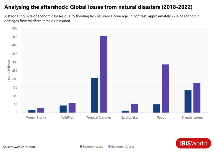 A bar graph showing insured and economic losses from natural disasters from 2018 - 2022.