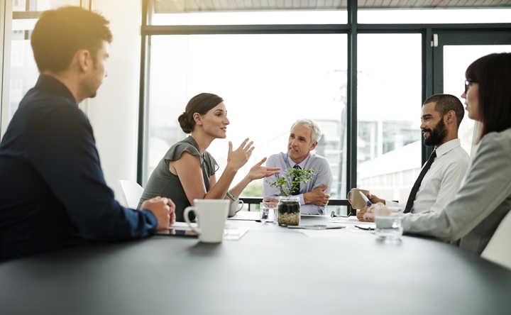 A group of five business professionals engaged in a discussion around a conference table in a bright, modern office meeting room.