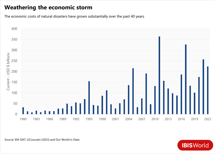 A bar graph showing the increasing economic costs of natural disasters.