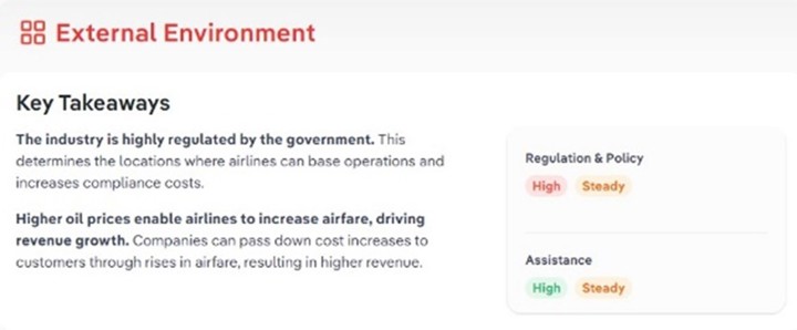 Key Takeaways diagram for the external environment for the Domestic Airlines in the US industry